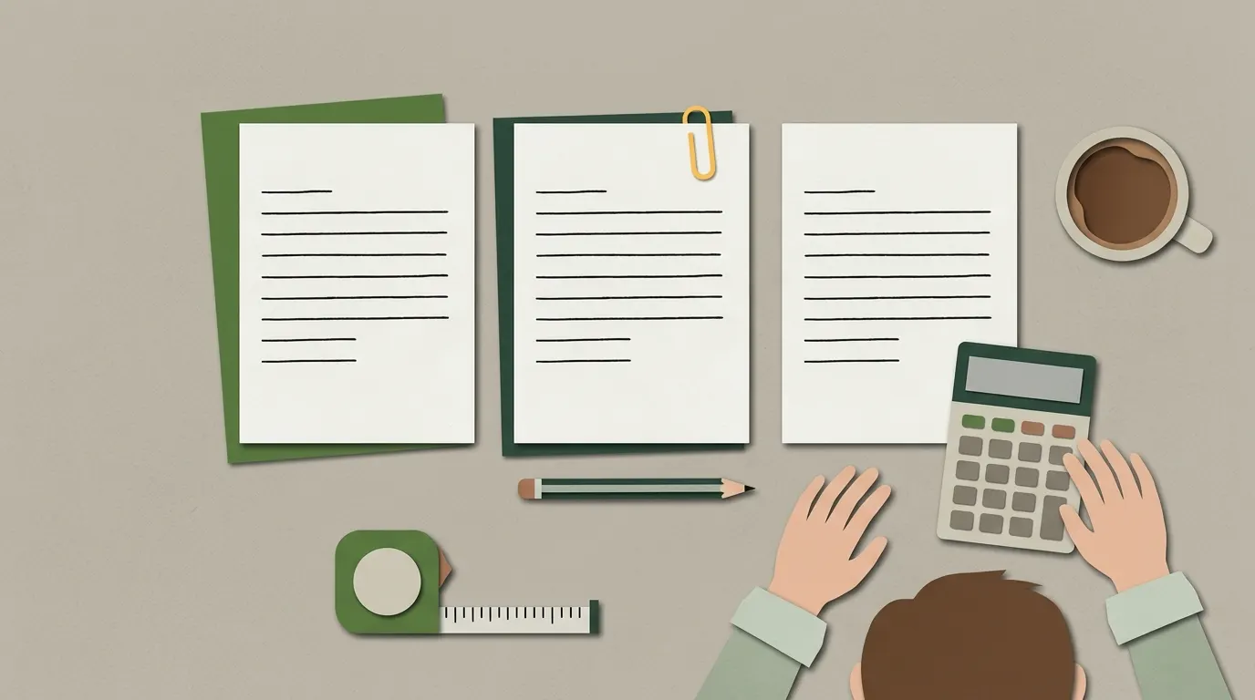 Three blank quote sheets on a kitchen table next to a pencil, a tape measure and a calculator